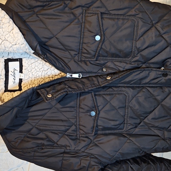 Sherpa Lined Black Quilted Puffer Zip Up Parka Hooded Jacket Large - Picture 4 of 8